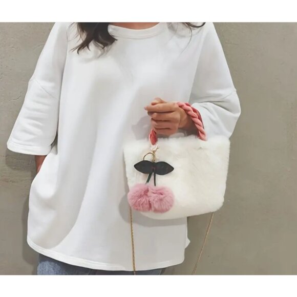 Plush BLACK Fur Bucket Bag Two PINK Pom Pom CHERRIES Fall School Trendy - Picture 2 of 12